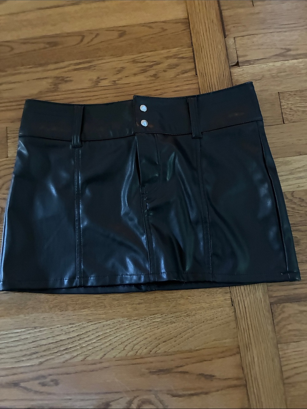 Divided H & M Black Faux Leather Mini Skirt with Snap Front